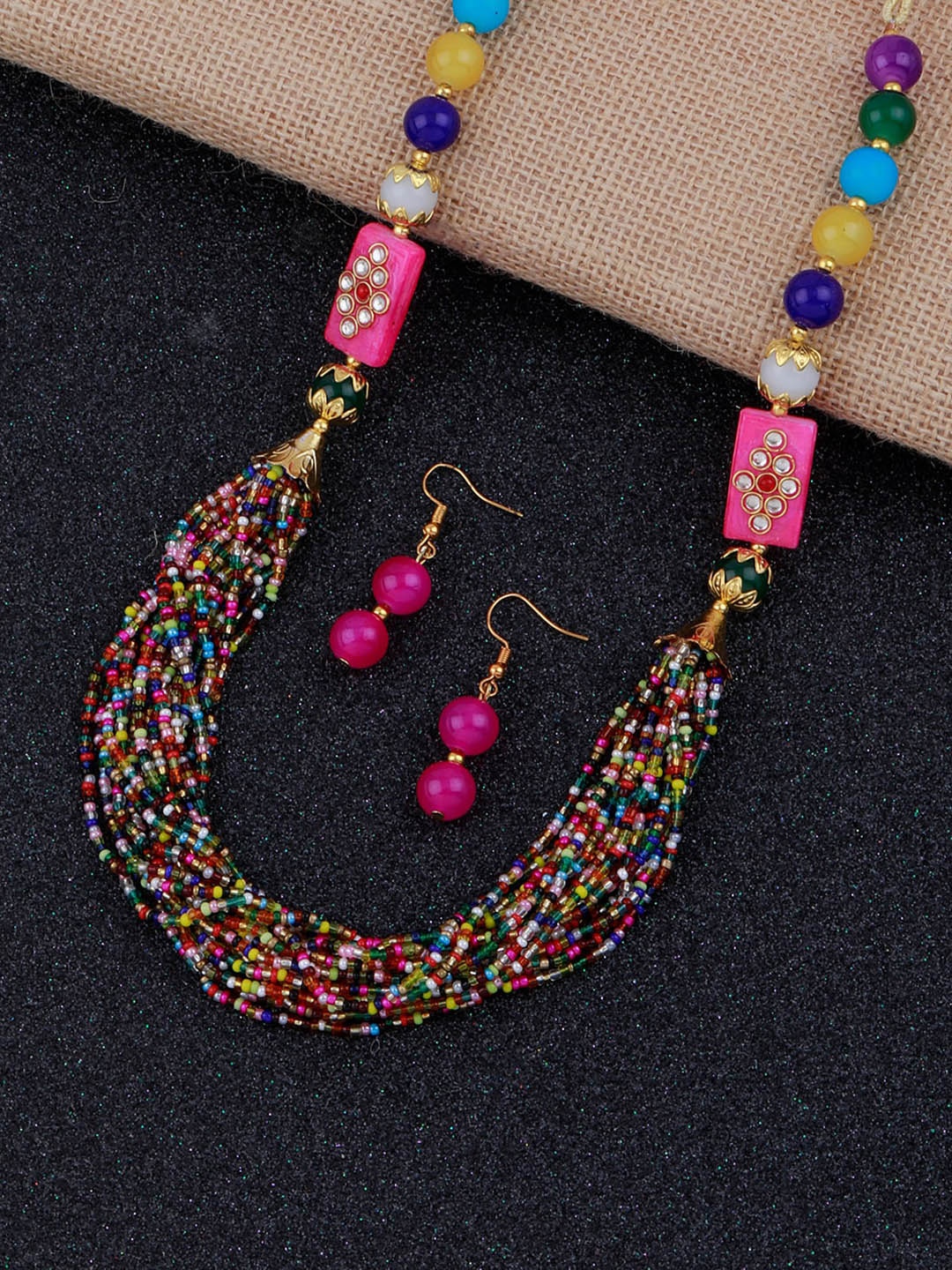 

Silver Shine Gold-Plated Pink & Green Stone-Studded & Beaded Jewellery Set