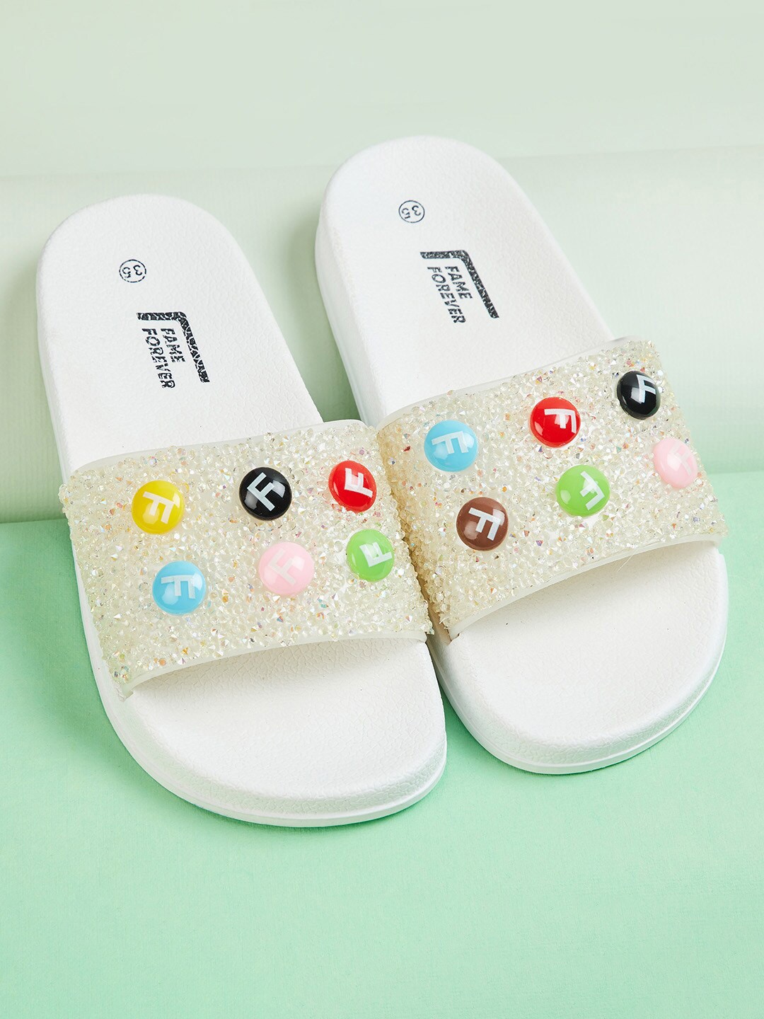 

Fame Forever by Lifestyle Girls White & Blue Embellished Rubber Sliders