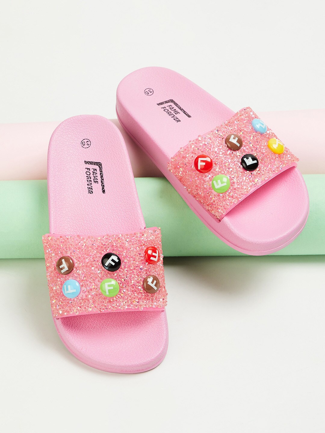 

Fame Forever by Lifestyle Girls Pink & Yellow Embellished Rubber Sliders