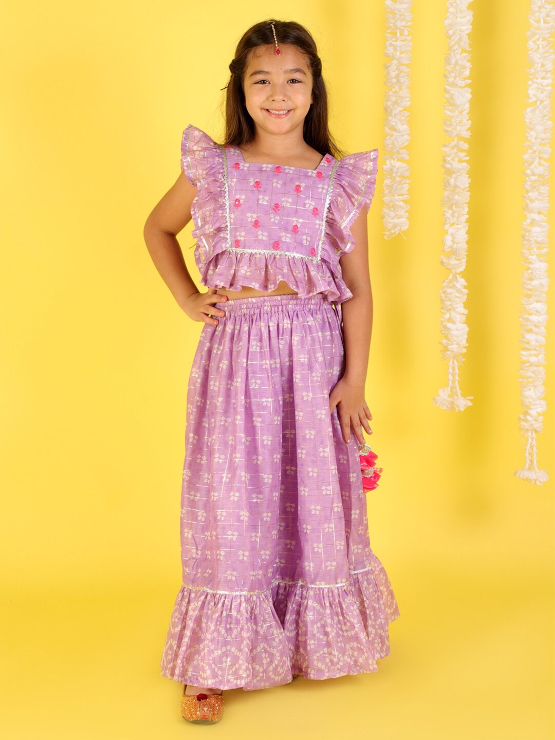 

LIL DRAMA Girls Purple & Off White Printed Patchwork Ready to Wear Lehenga &
