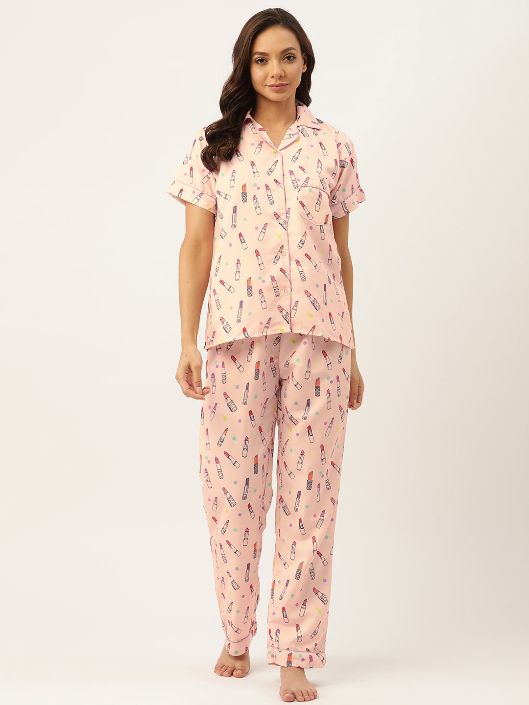 

NAP HOUR Women Peach-Coloured & Pink Printed Night suit
