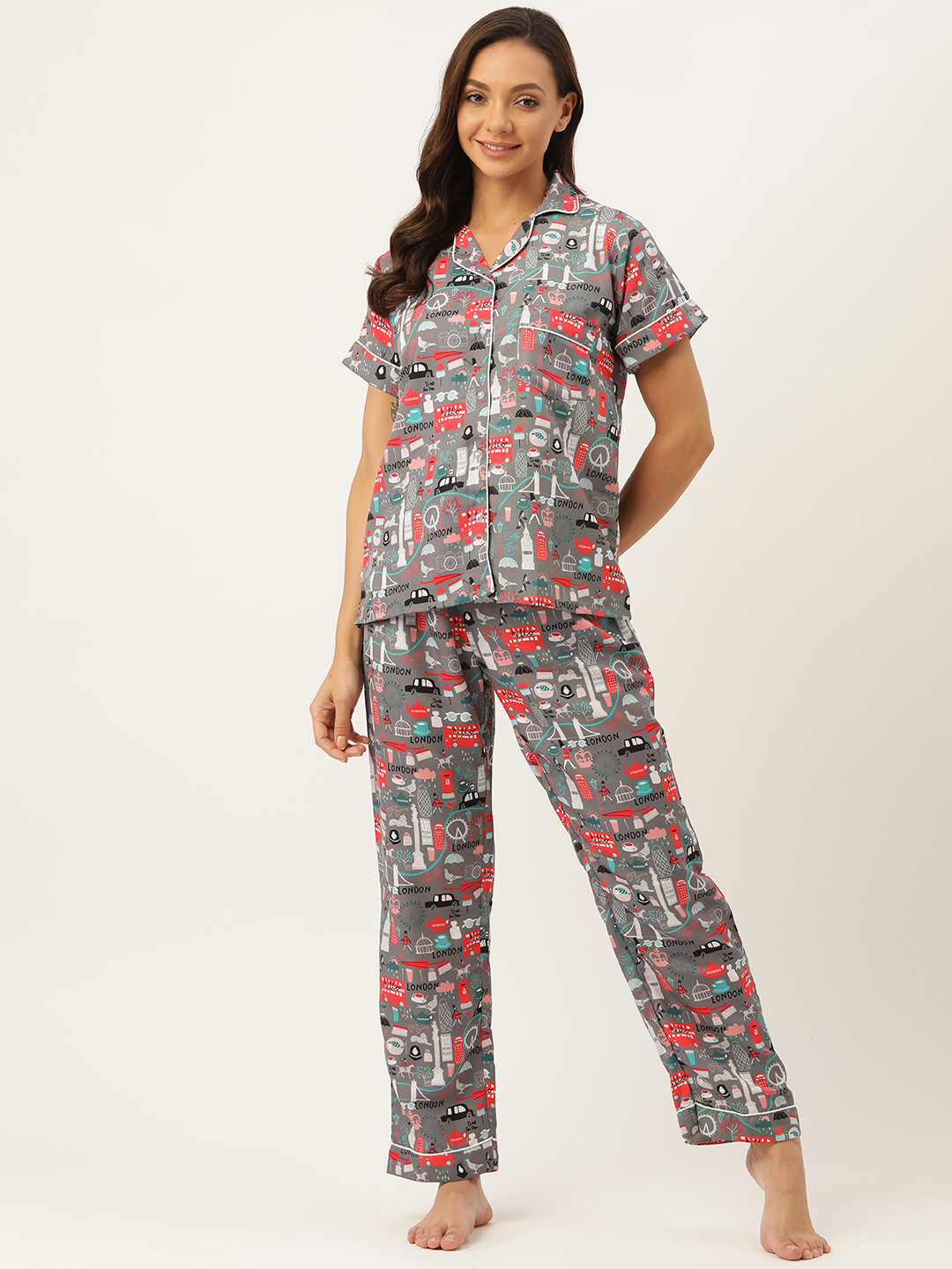 

NAP HOUR Women Grey & Black Printed Night suit