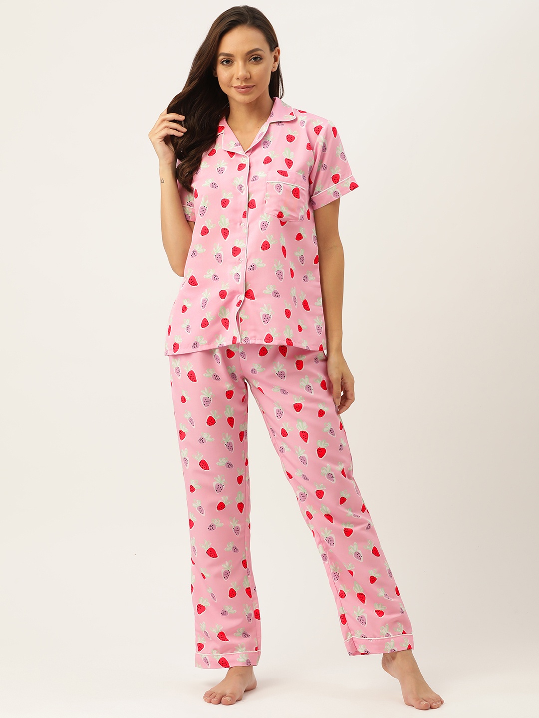 

NAP HOUR Women Pink & Red Printed Night suit