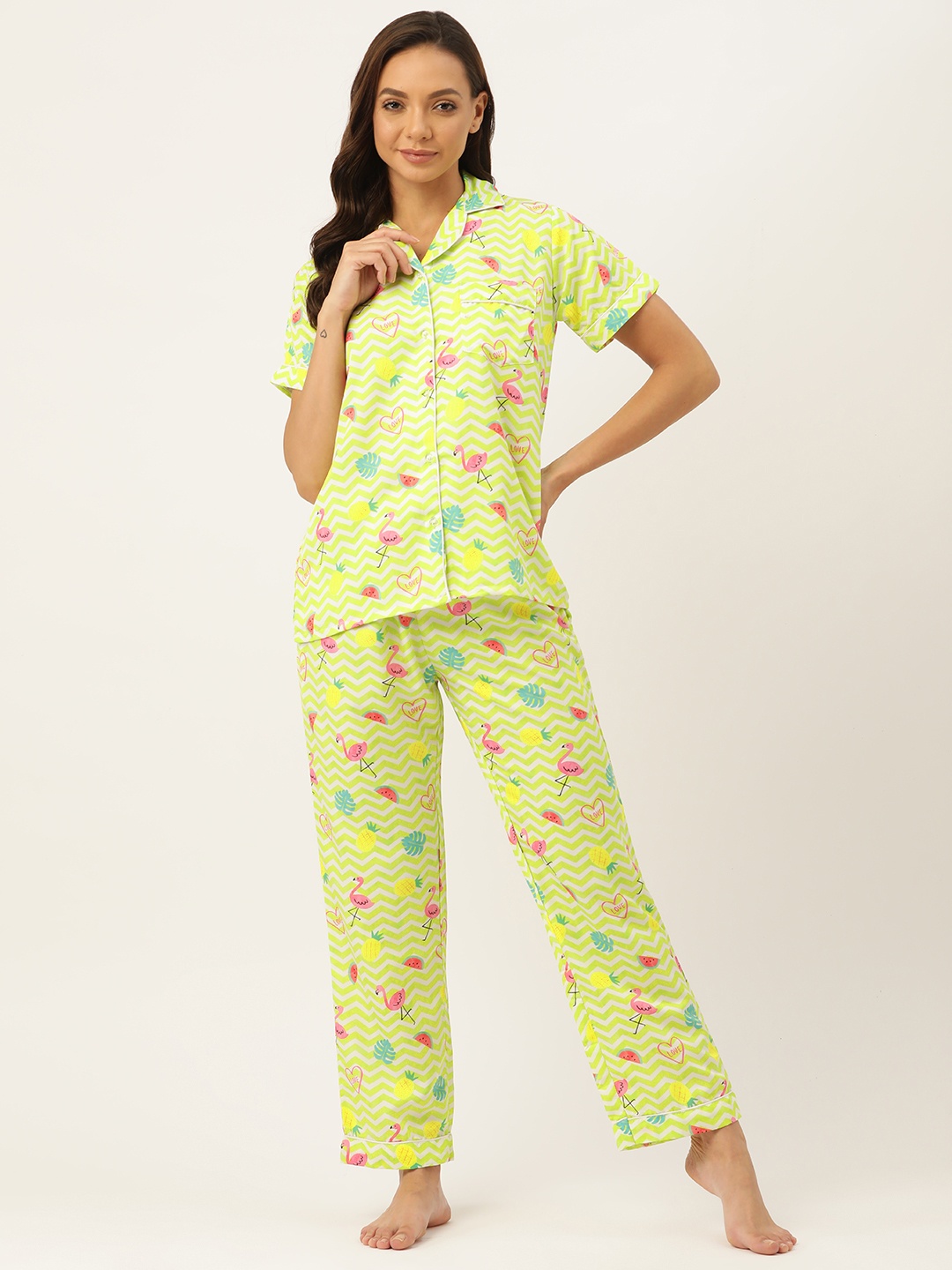 

NAP HOUR Women Lime Green & Pink Printed Night suit