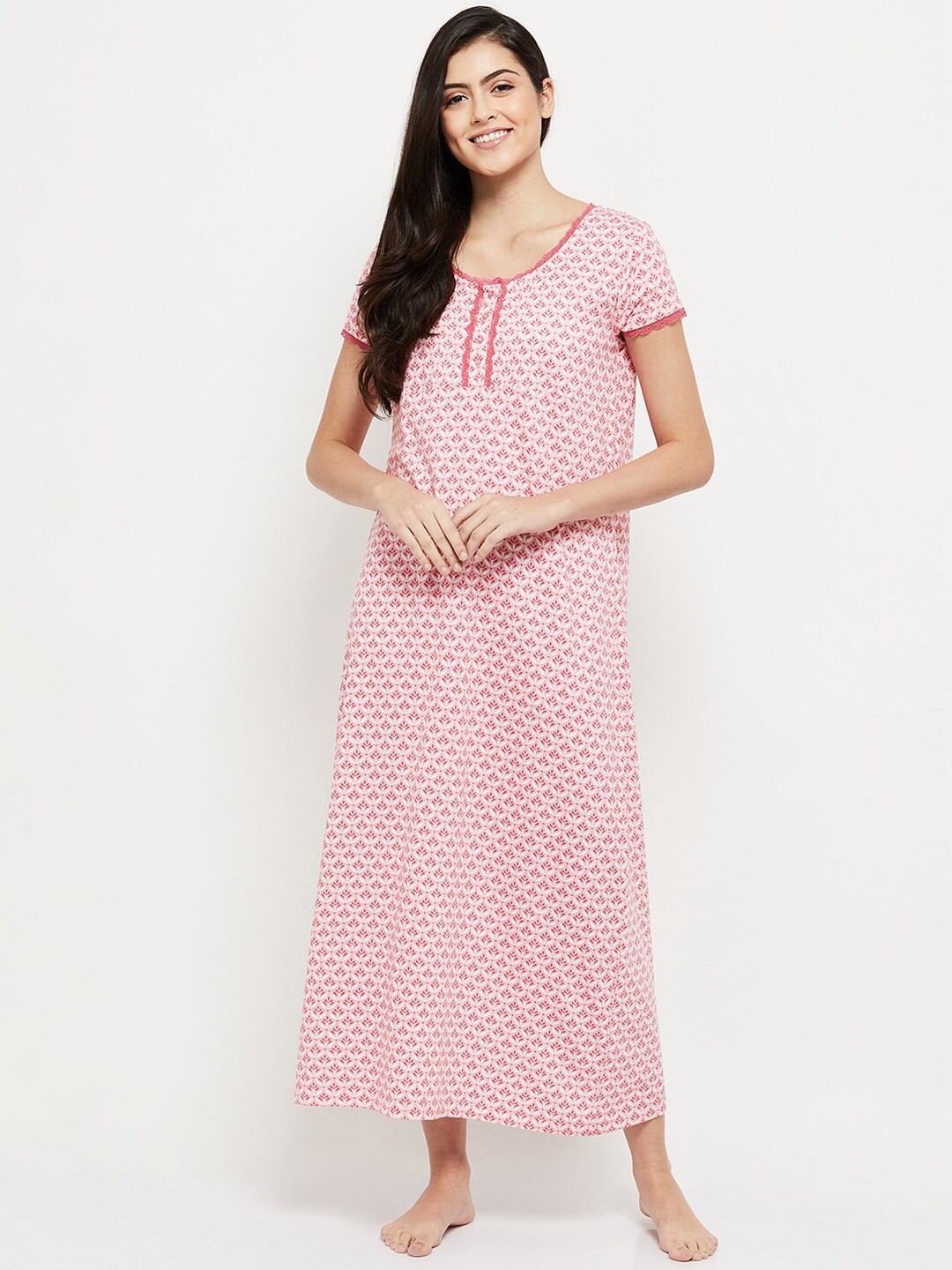 

max Women Pink & White Printed Maxi Nightdress