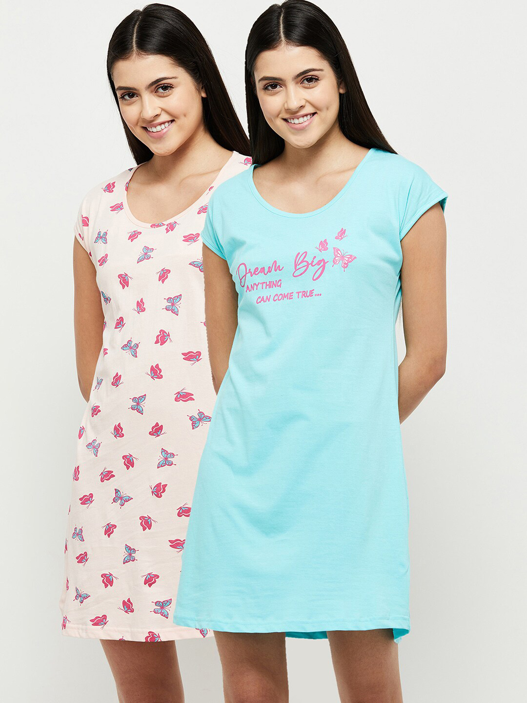 

max Women Pack Of 2 Blue & Cream Printed Pure Cotton Nightdress