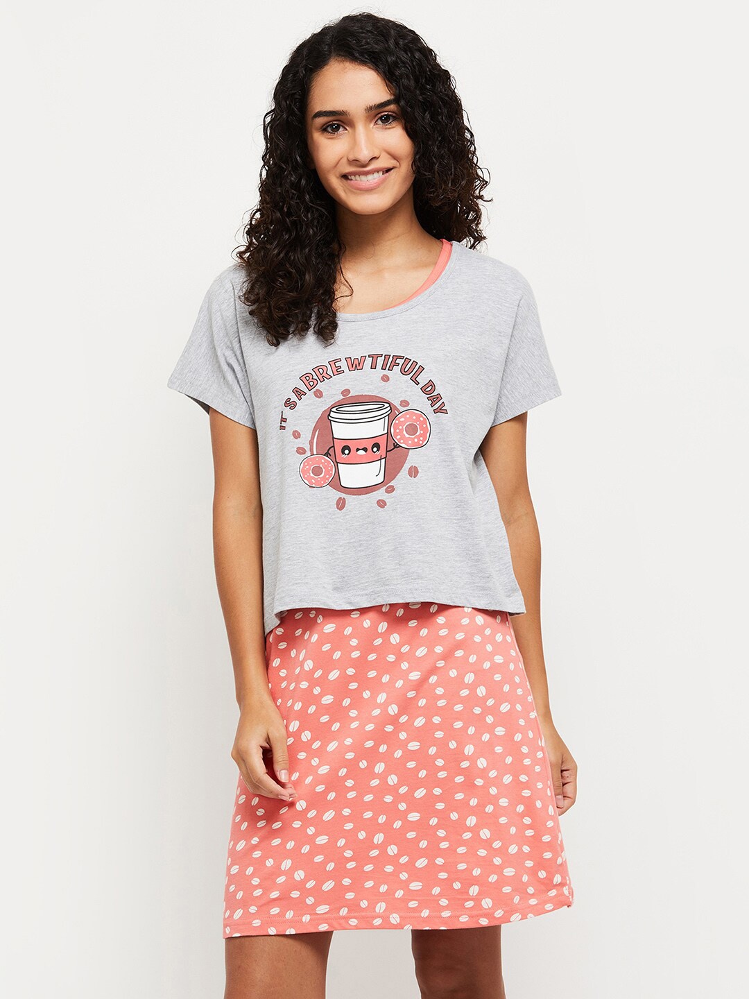 

max Women Grey Melange & Peach Printed Nightdress