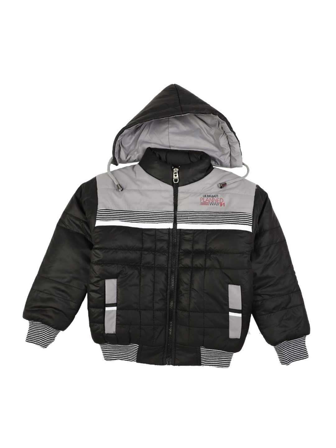 

V-Mart Boys Black Grey Striped Lightweight Bomber with Patchwork Jacket