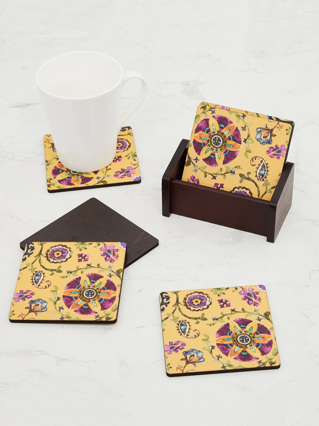 

Home Centre Set Of 6 Yellow Alora-Fiore Printed Wooden Coasters