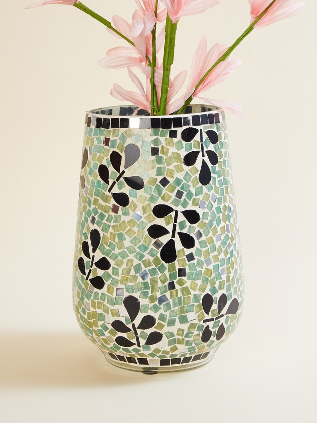 

Home Centre Green & Black Textured Leaf Glass Mosaic Vase