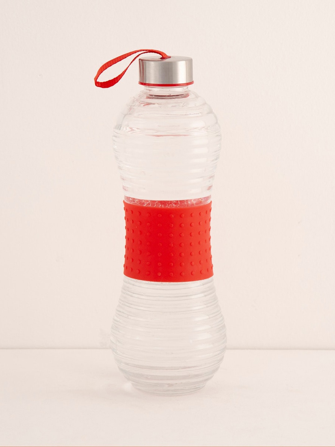 

Home Centre Red Solid Silicon Sleeve Glass Water Bottle 880 ml, Transparent