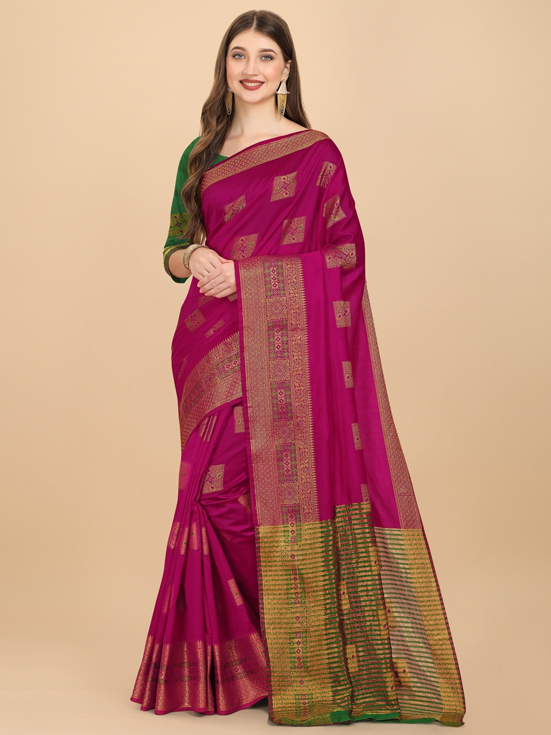

ZIKARAA Purple & Green Woven Design Zari Block Print Saree