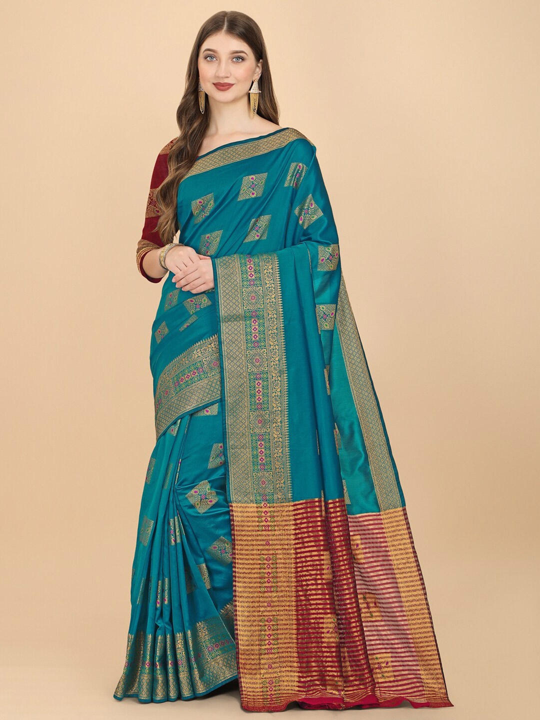 

ZIKARAA Women Turquoise Blue & Red Woven Design Zari Block Print Saree