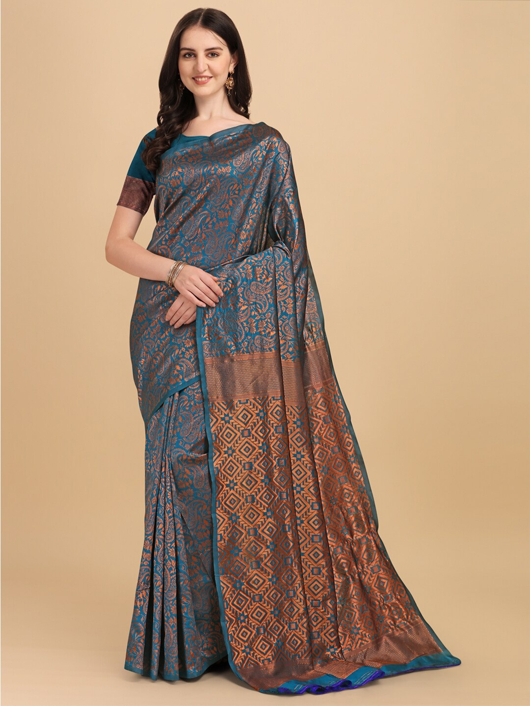 

ZIKARAA Turquoise Blue & Copper-Toned Zari Pure Silk Banarasi Saree