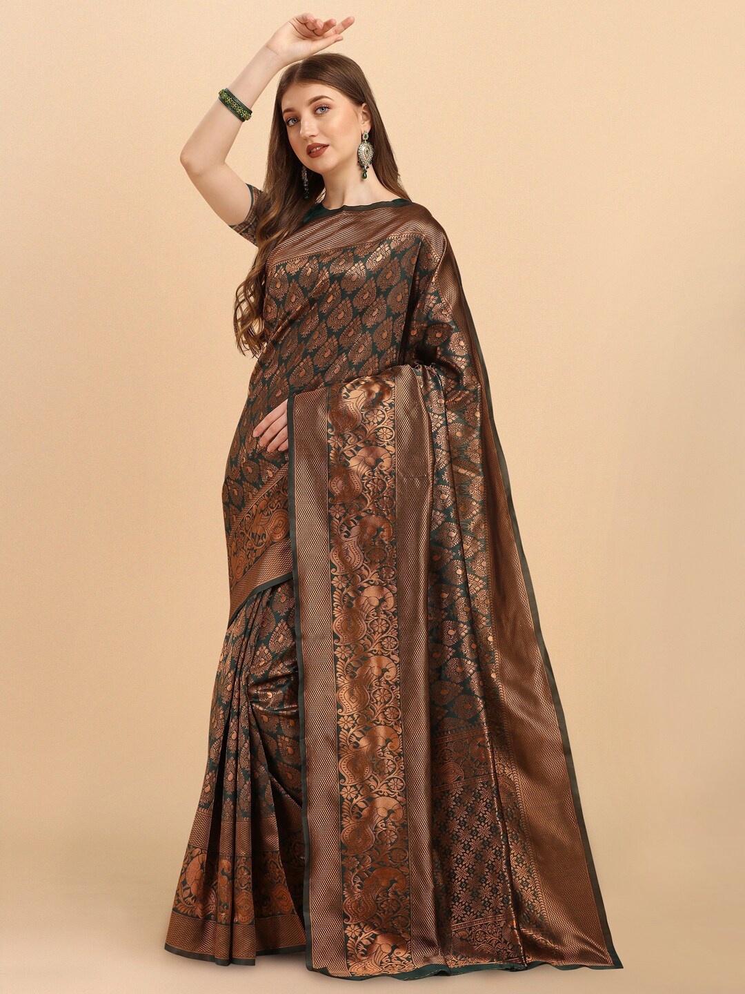 

ZIKARAA Women Green & Copper-Toned Woven Design Zari Pure Silk Banarasi Saree