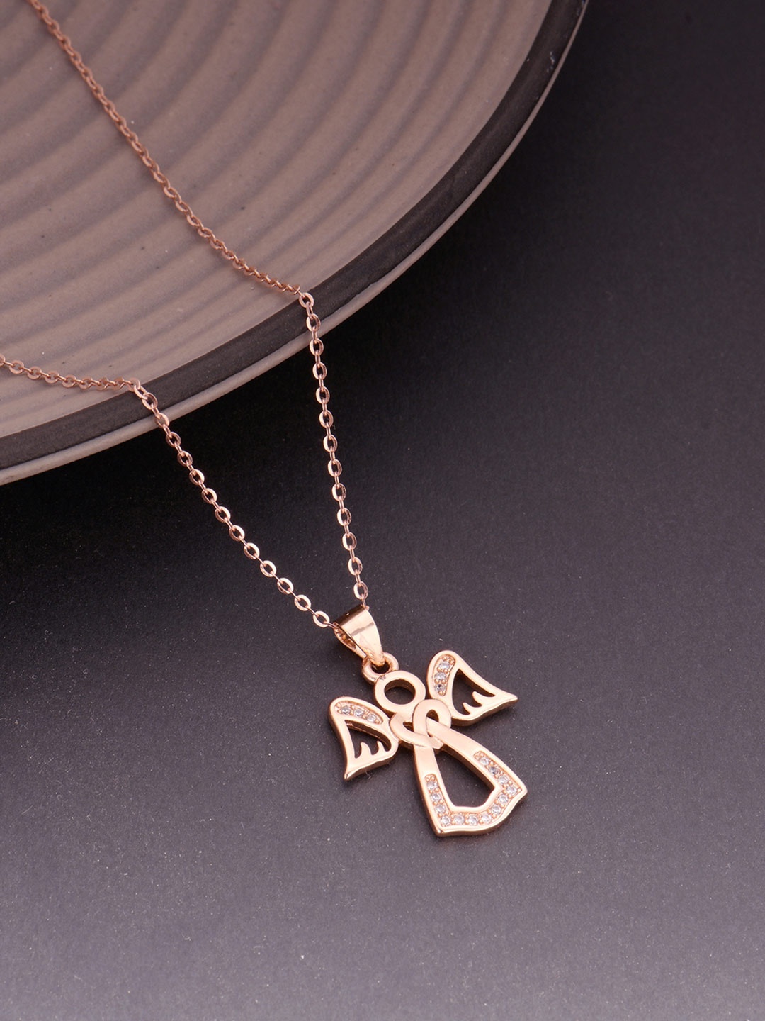 

GIVA Women Rose Gold-Toned & Plated CZ-Studded Angel Pendant With Chain