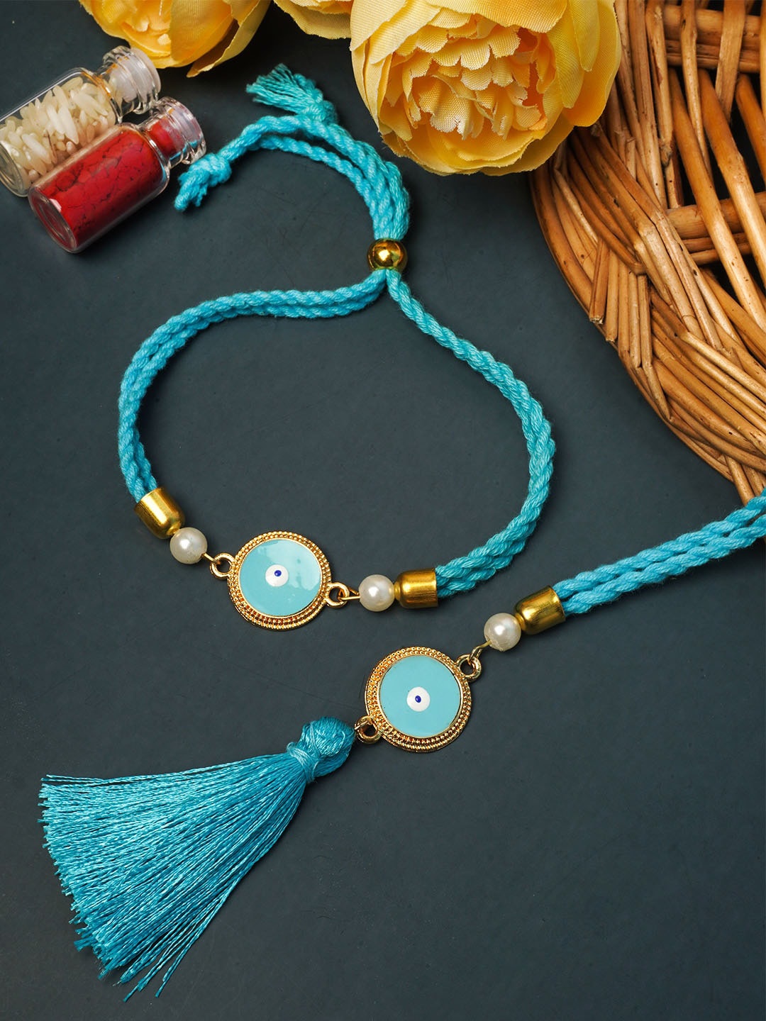 

Ferosh Set of 2 Gold-Toned & Blue Evil Eye Bhaiya Bhabhi Lumba & Rakhi