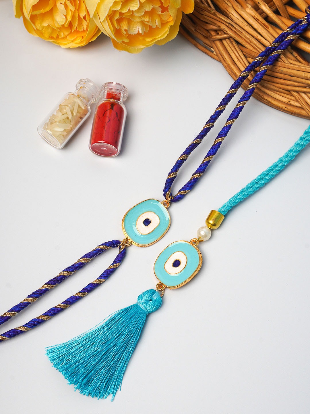 

Ferosh Set Of 2 Blue Evil Eye Bhaiya Bhabhi Lumba & Rakhi, Multi