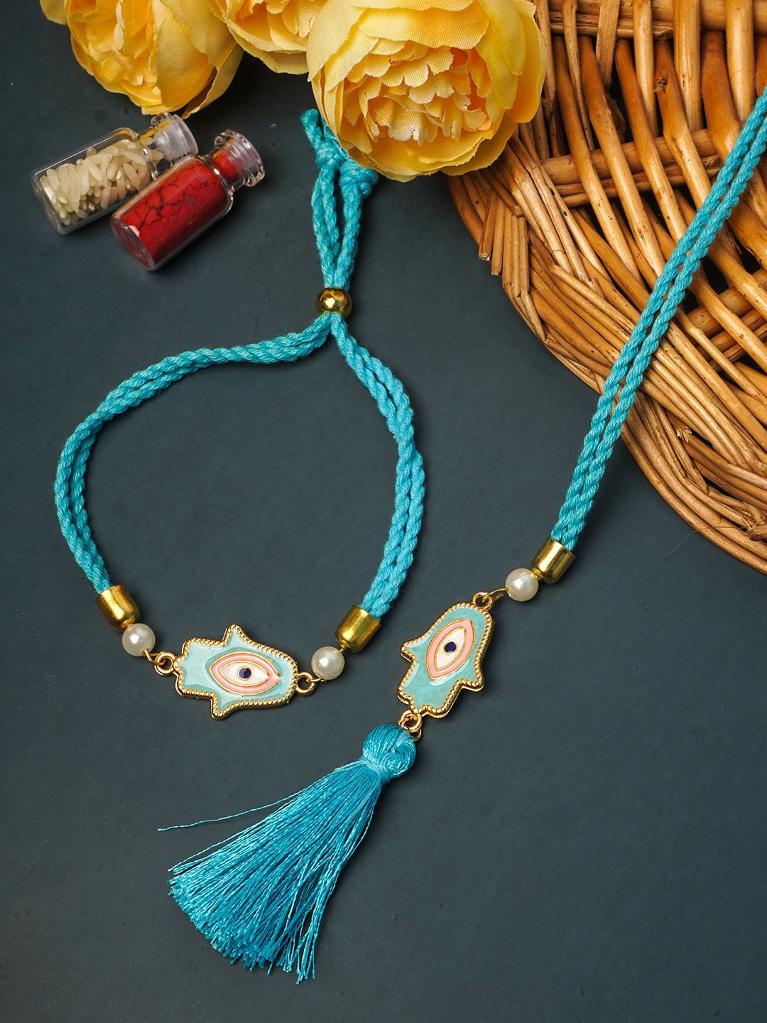 

Ferosh Set Of 2 Blue Hamsa Hand Bhaiya Bhabhi Lumba & Rakhi