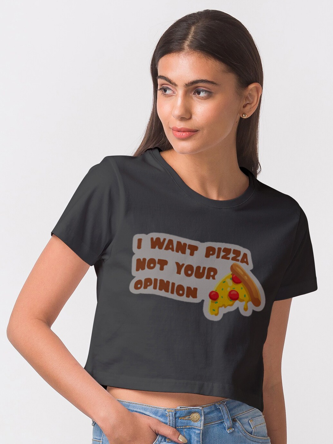 

FashionRack Women Black Typography Printed Bio Finish Crop T-shirt