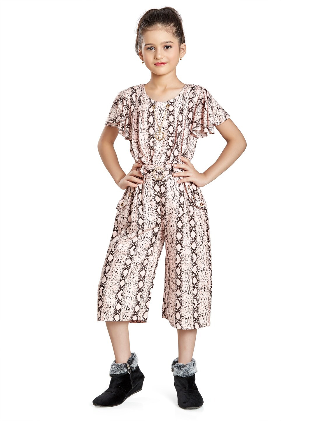 

Peppermint Girls Peach-Coloured & Brown Printed Basic Jumpsuit