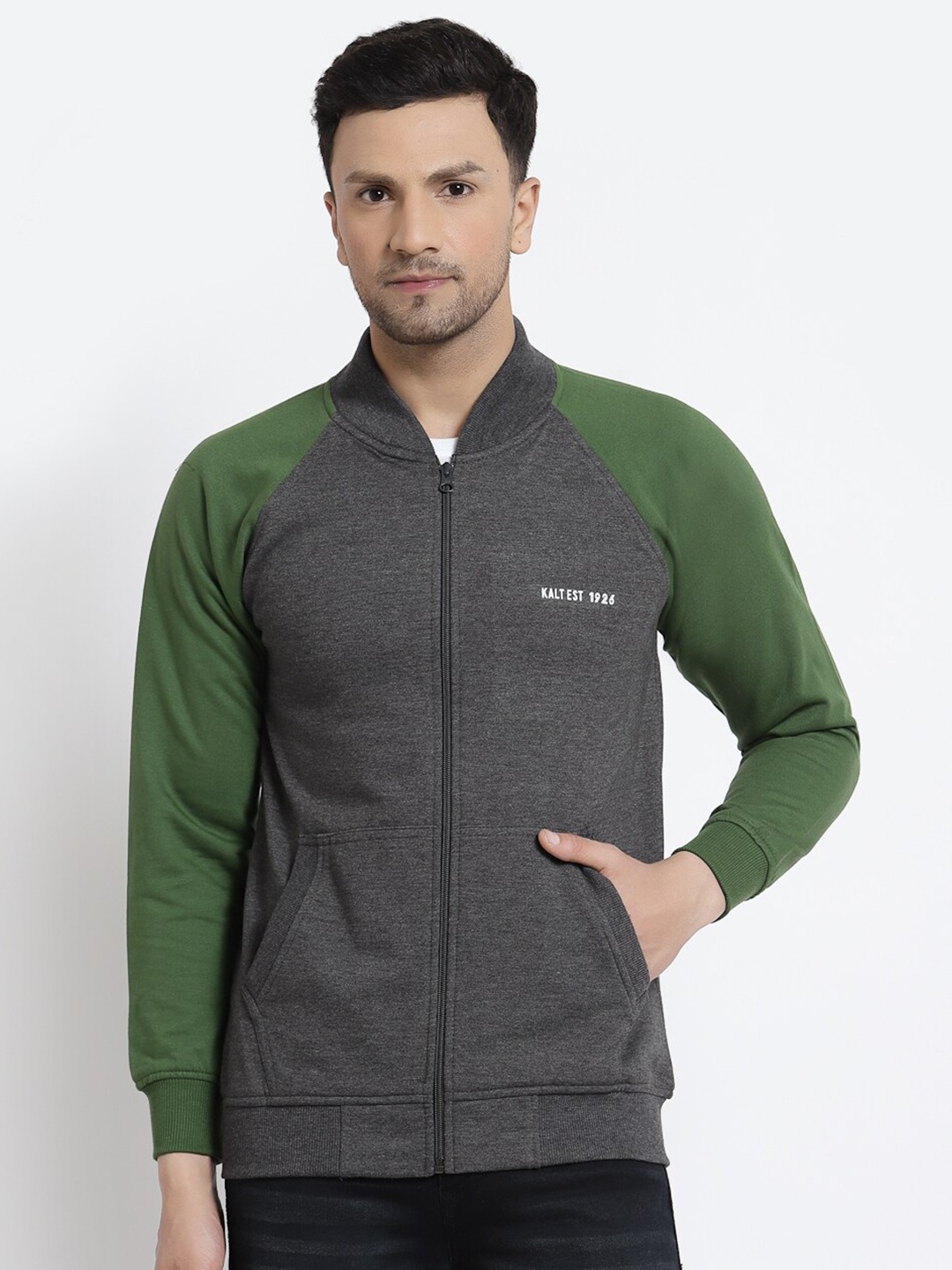 

Kalt Men Green Grey Colourblocked Fleece Bomber Jacket