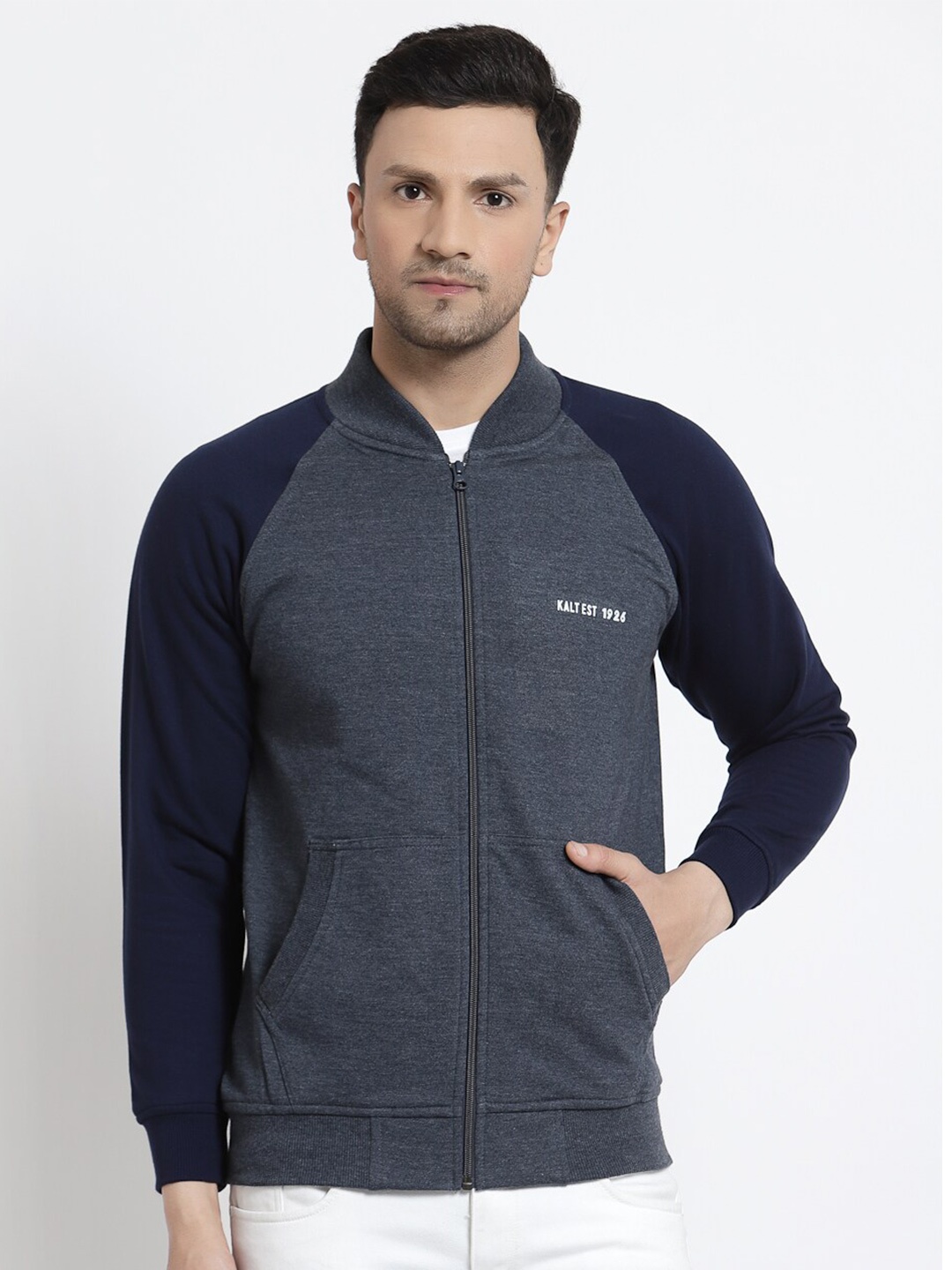 

Kalt Men Blue Grey Colourblocked Fleece Bomber Jacket