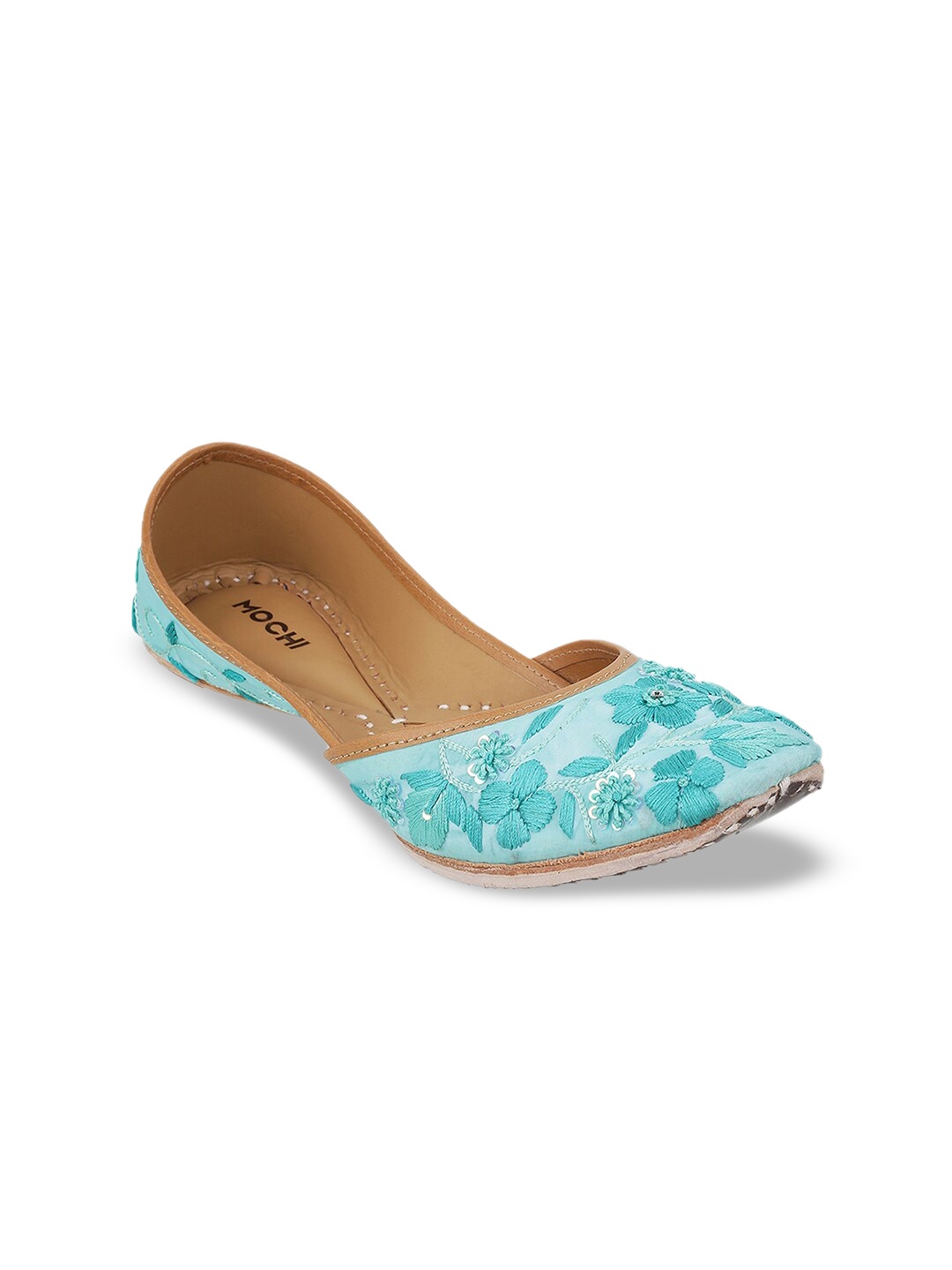 

Mochi Women Light-Blue Printed Embroidered Mojaris Flats