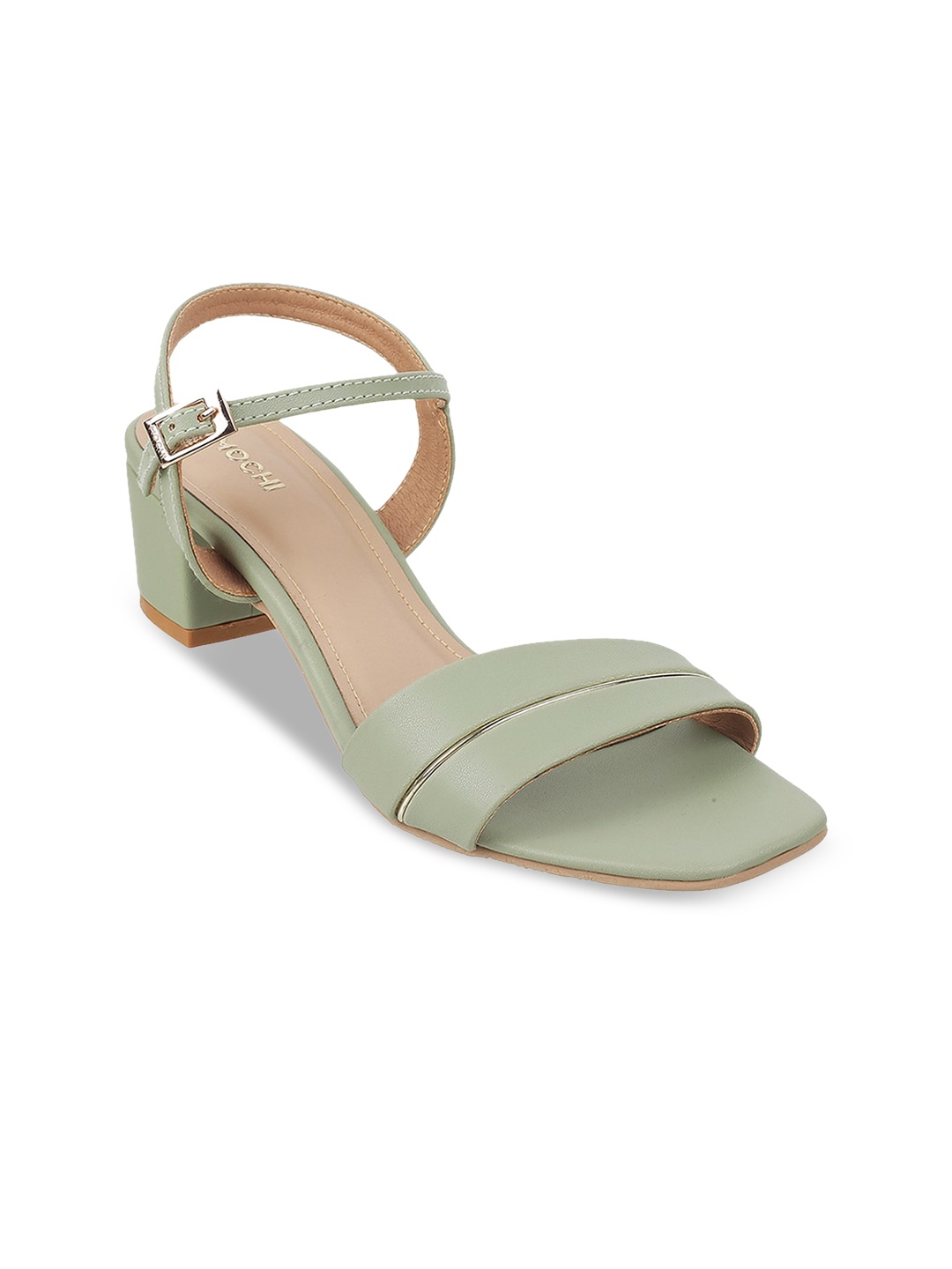 

Mochi Green Striped Block Mules with Buckles