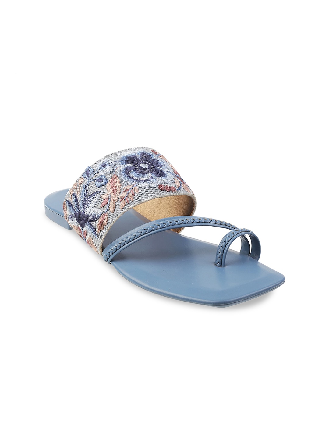 Mochi Women Blue Embroidered One Toe Flats