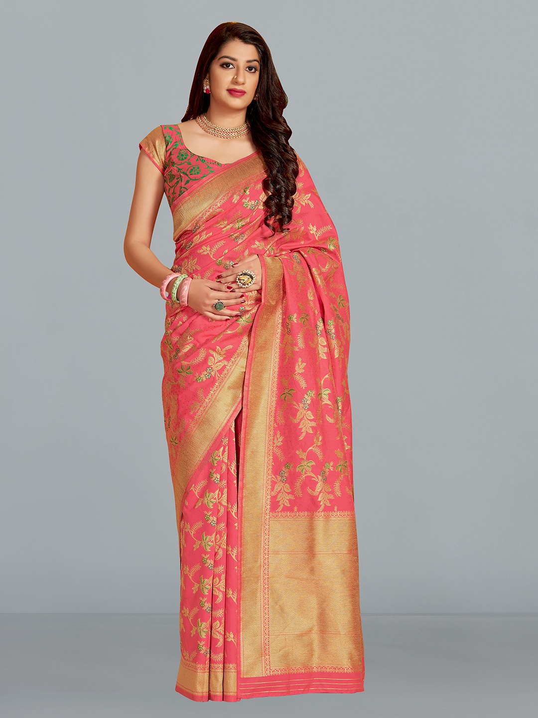 

MONJOLIKA FASHION Pink & Gold-Toned Woven Design Zari Silk Blend Banarasi Saree