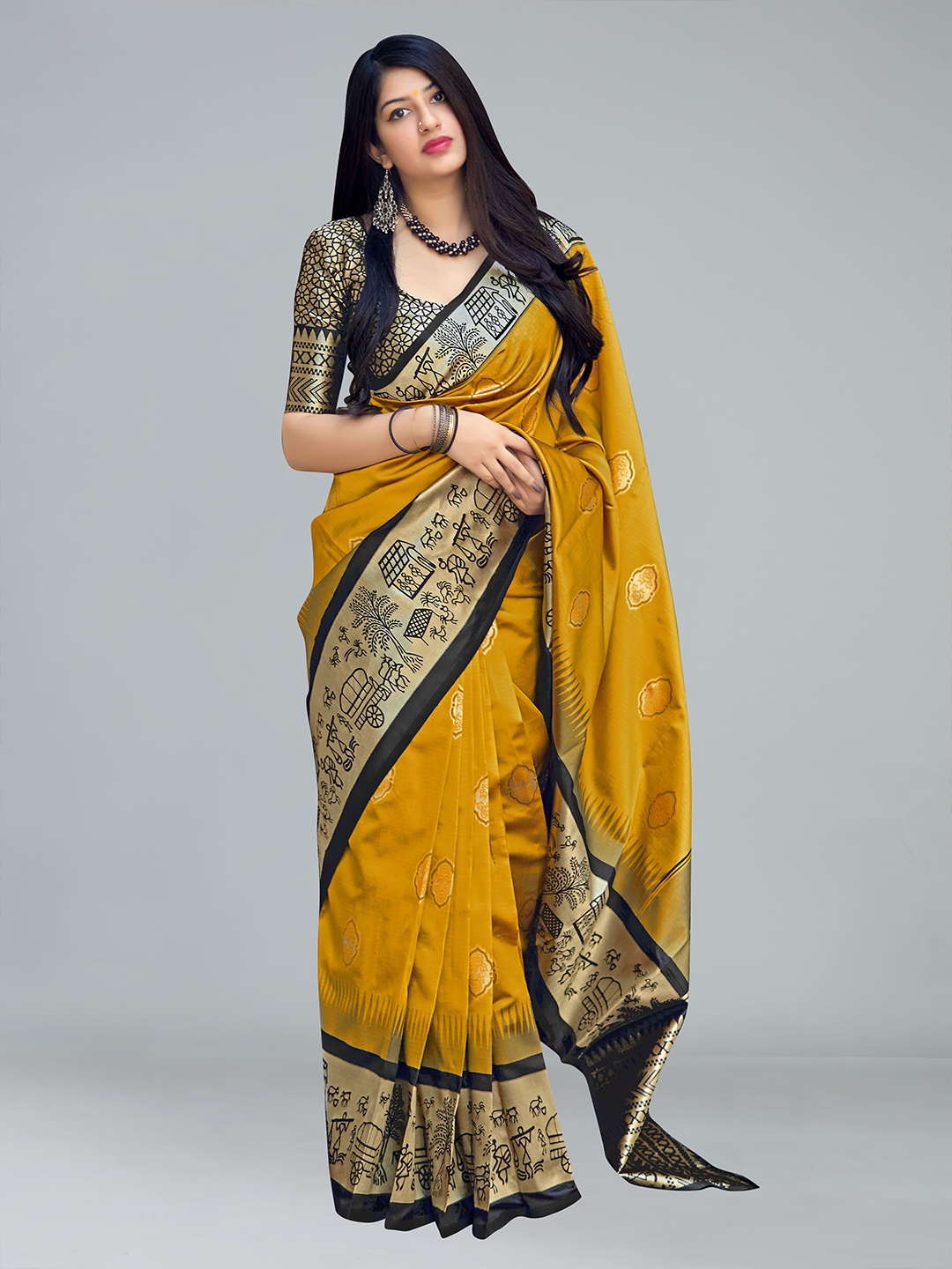 

MONJOLIKA FASHION Women Mustard & Gold-Toned Woven Design Silk Blend Banarasi Saree