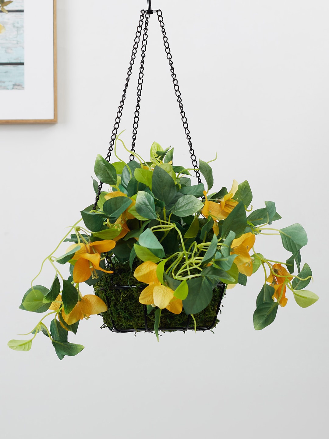 

HomeTown Yellow & Green Hanging Bougainvillea Artificial Flowers And Plants With Basket