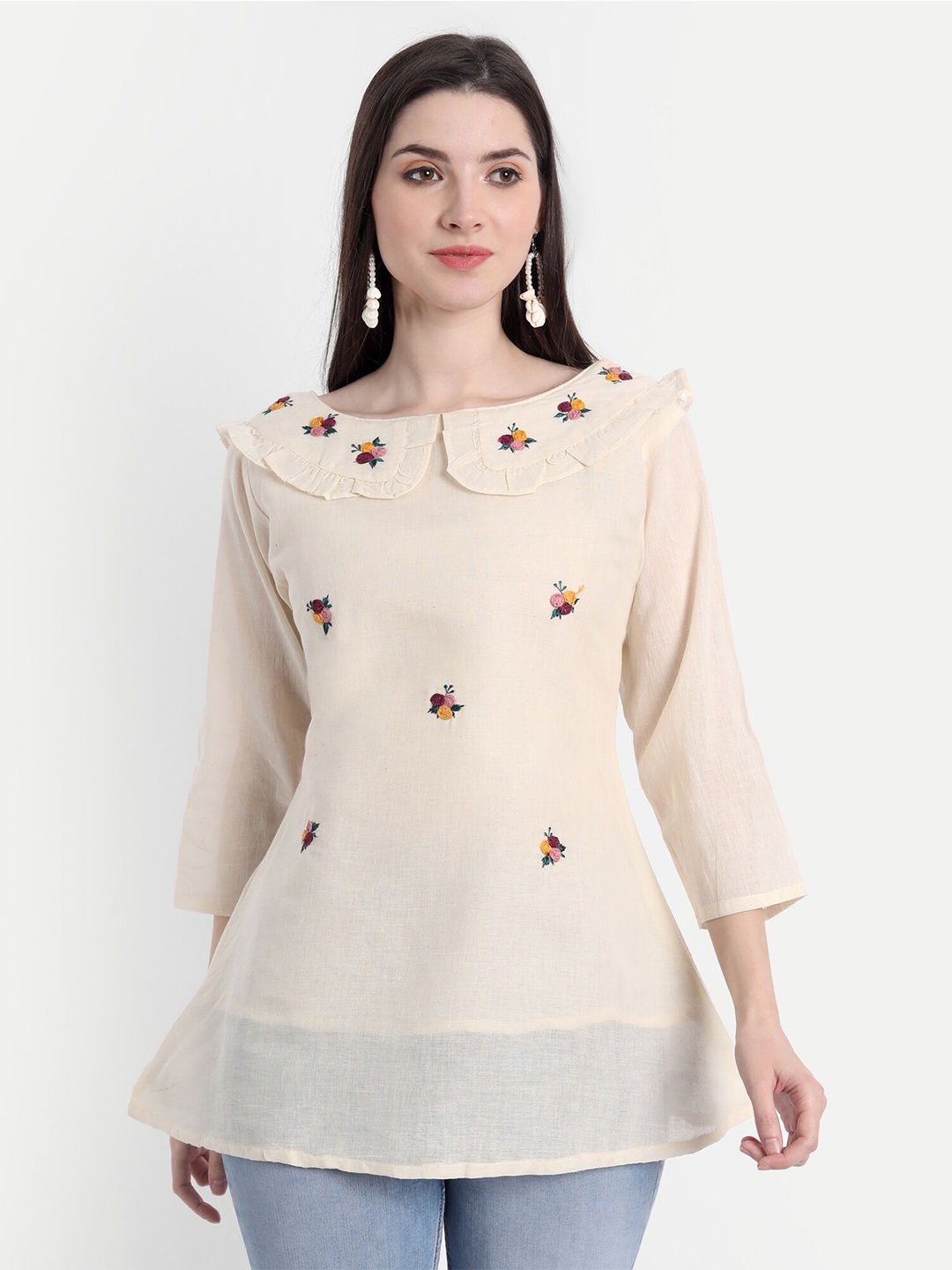 

Flenzy Beige & Yellow Embroidered Boat Neck Tunic
