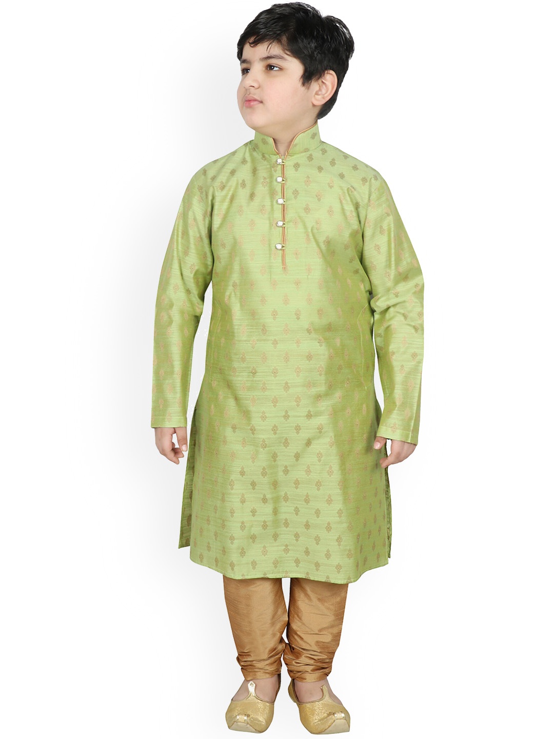 

SG YUVRAJ Boys Green Raw Silk Woven Design Kurta with Churidar