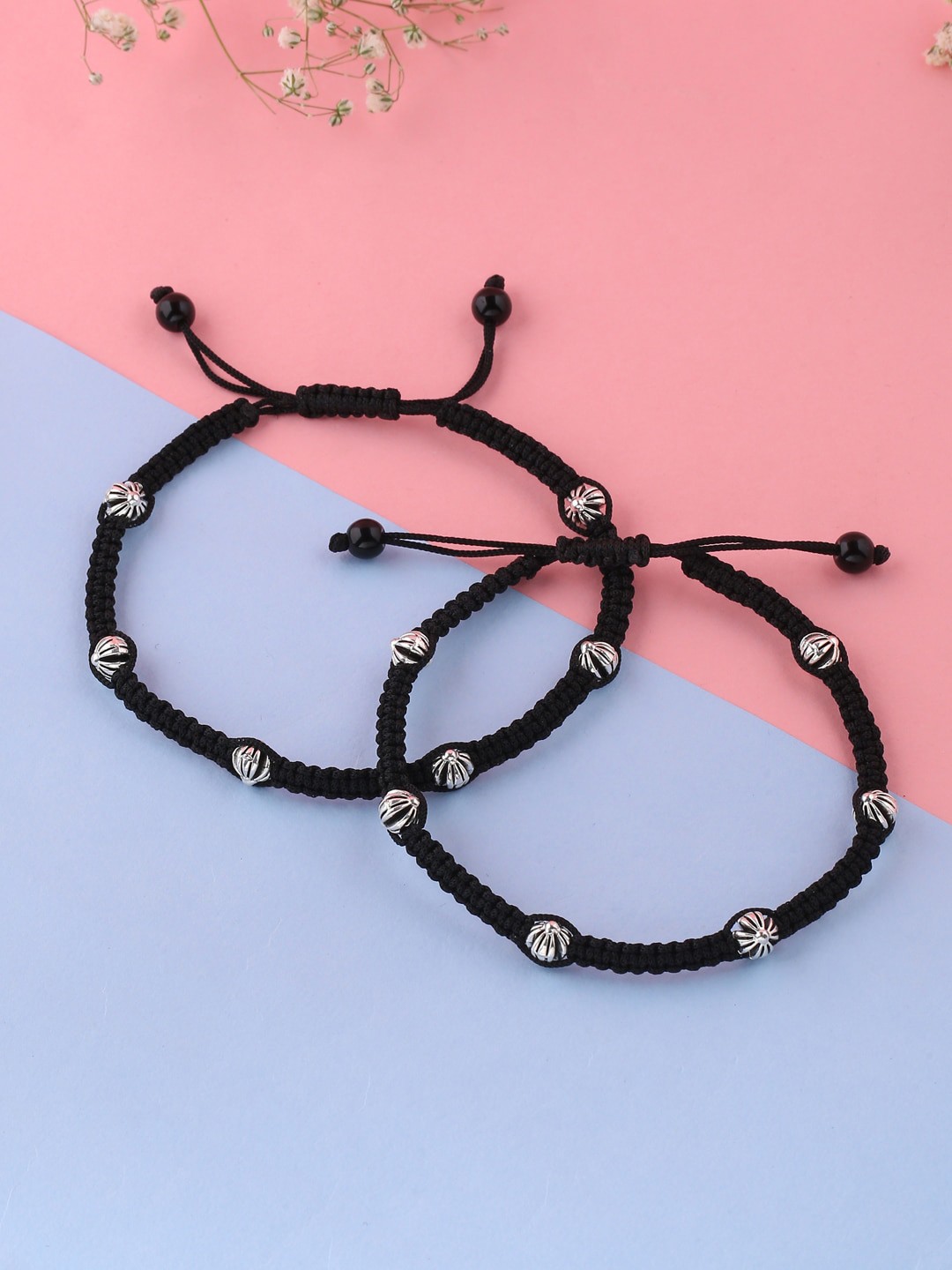 

VIRAASI Set of 2 Black & Silver-Toned Beaded Adjustable Anklets