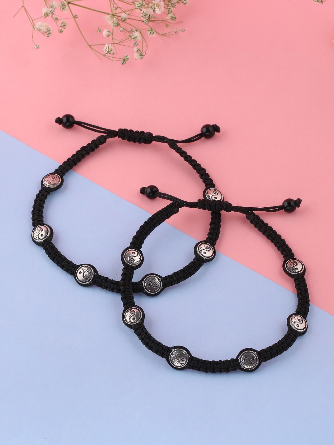 

VIRAASI Pack Of 2 Silver-Toned Black Beaded Charm Anklet