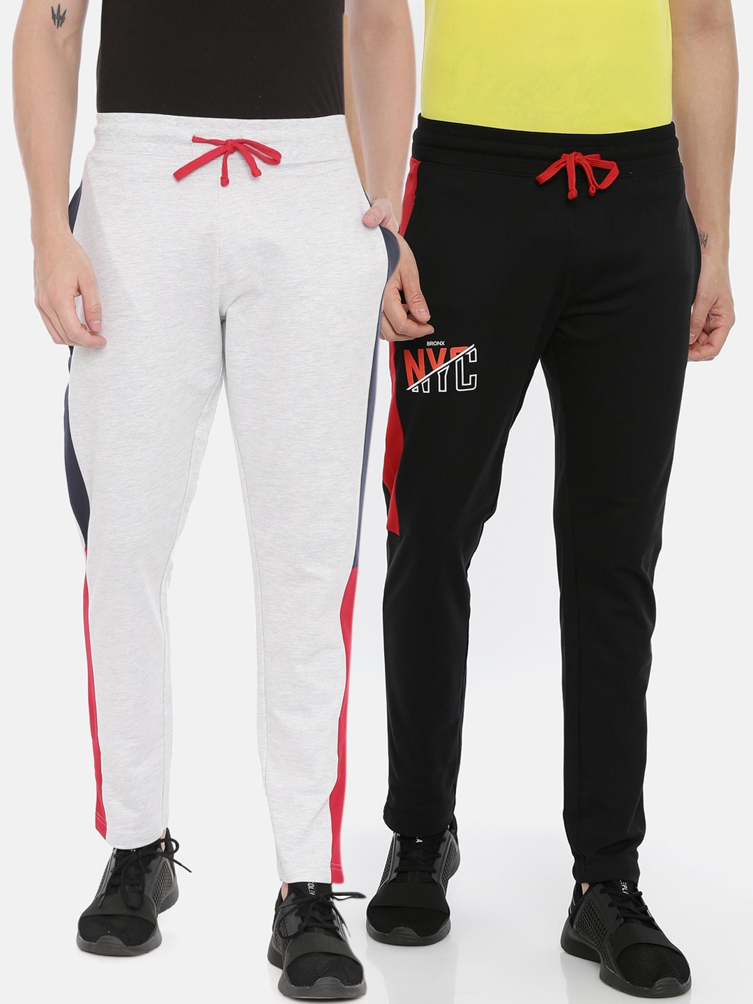 3PIN Men Pack of 2 Black & White Solid Pure Cotton Track Pants