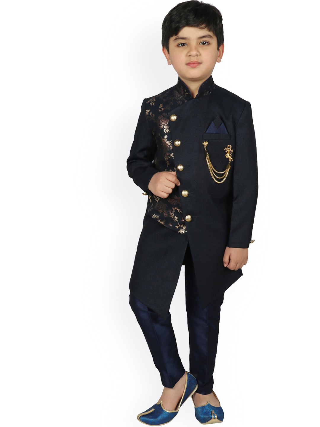 

SG YUVRAJ Boys Navy Blue Printed Silk Sherwani
