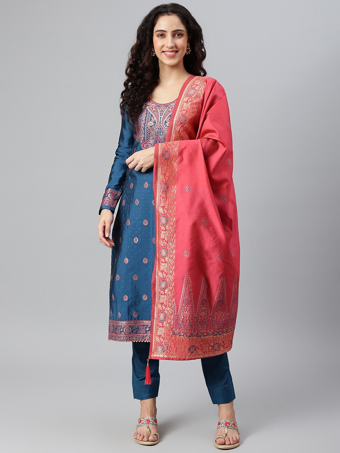 

Lilots Blue & Pink Banarasi Jacquard Woven Unstitched Dress Material