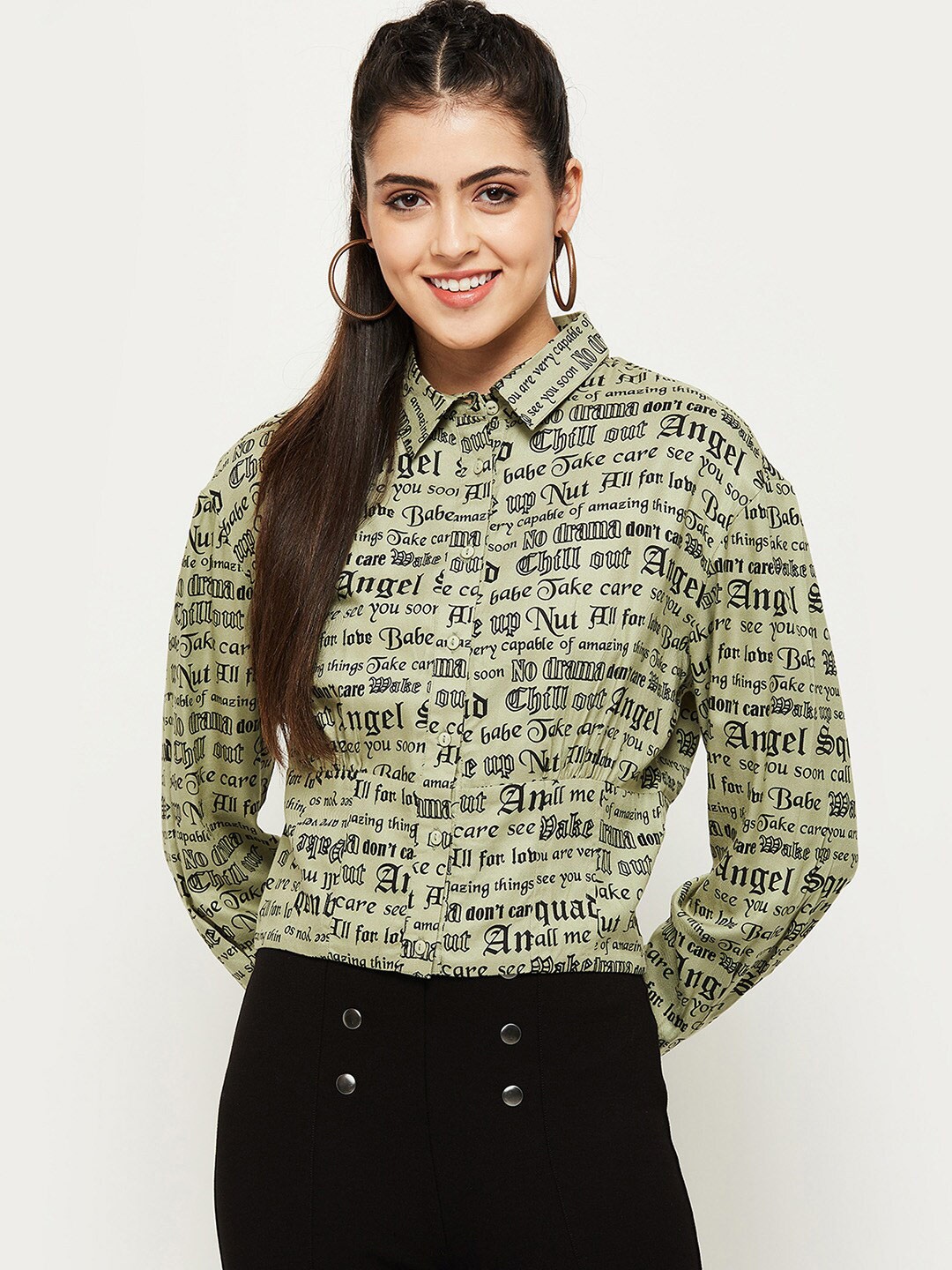 

max Women Green Printed Casual spread collar typography Shirt