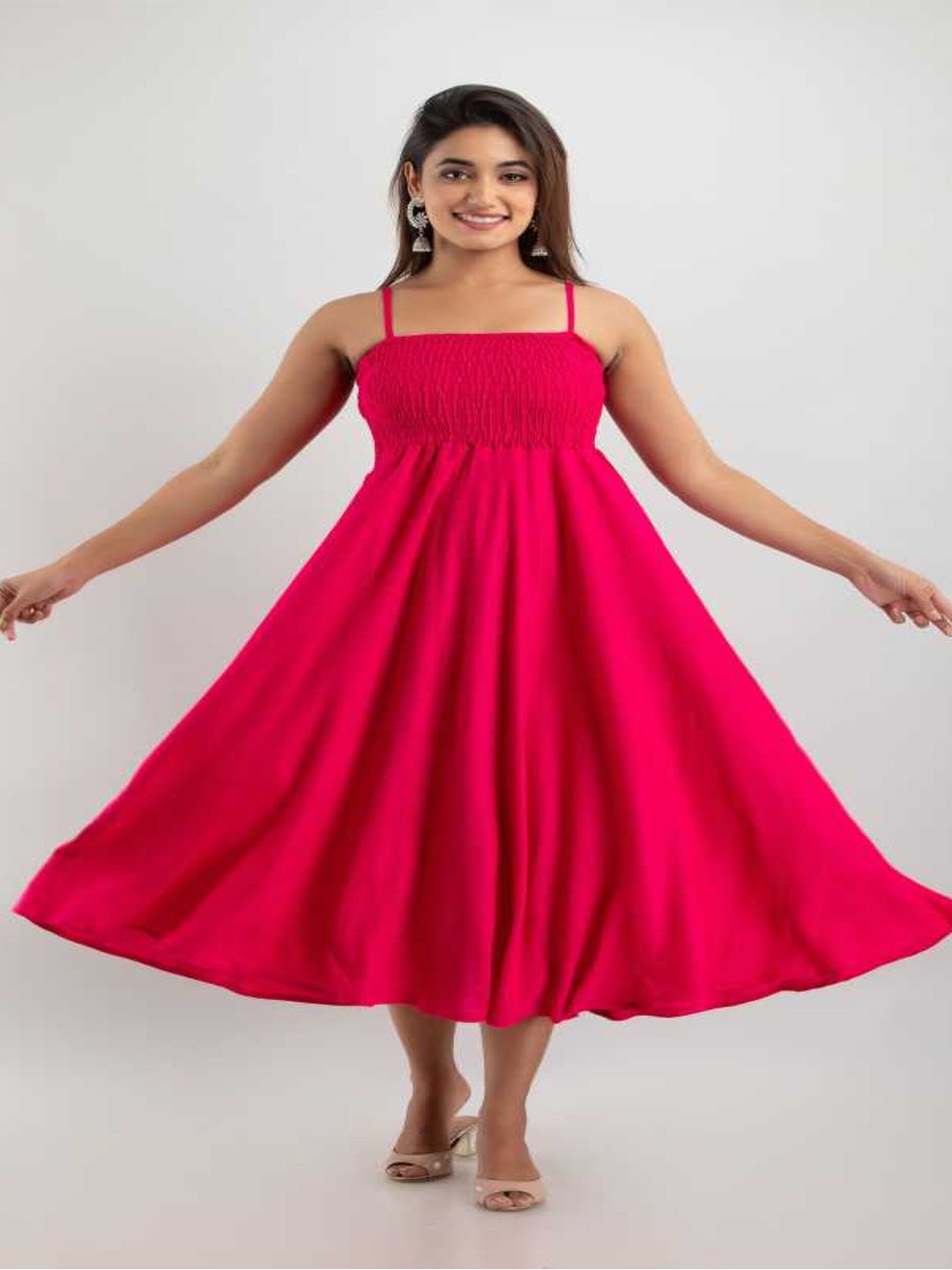 

RUHAZAT Women Pink A-Line Rayon Smocked Midi Dress