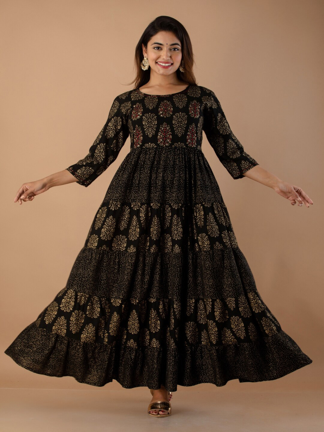 

RUHAZAT Black Ethnic Motifs Ethnic Tiered Anarkali Ethnic Maxi Dress
