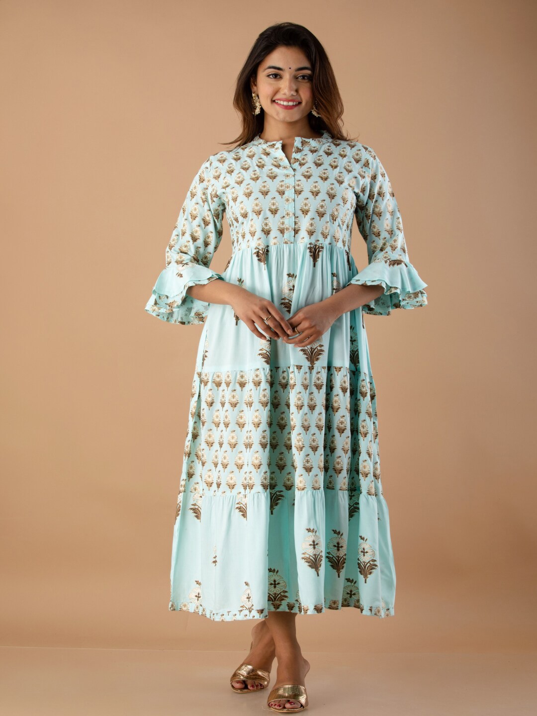 

RUHAZAT Women Blue & Brown Floral Empire Maxi Dress