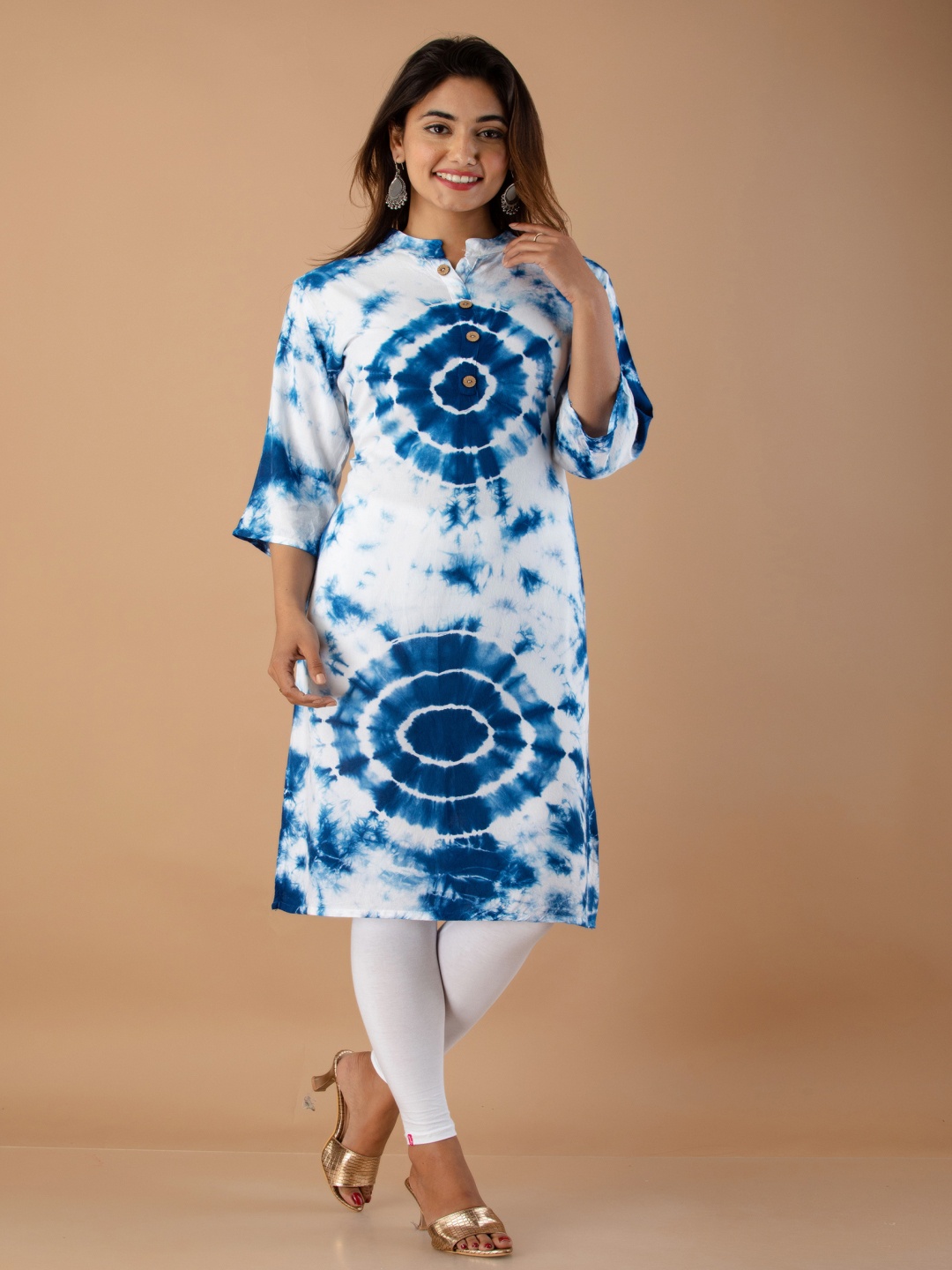 

RUHAZAT Women Blue & White Tie & Dye Printed Straight Kurta