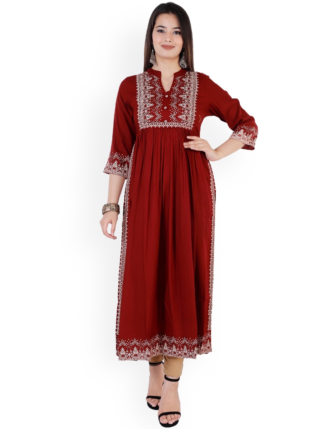 

RUHAZAT Women Maroon Ethnic Motifs Yoke Design Kurta