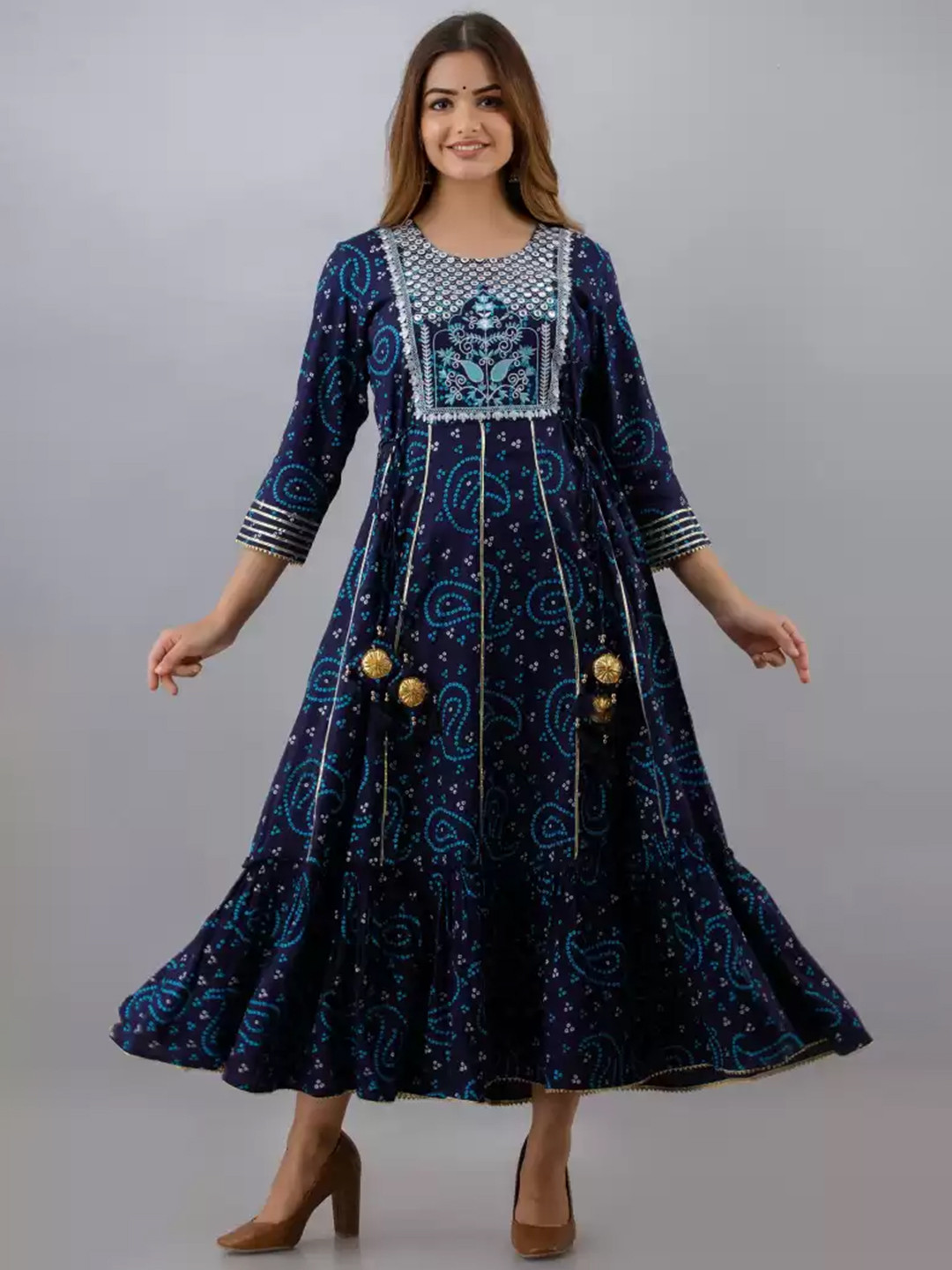 

RUHAZAT Women Blue Bandhani Yoke Design Gotta Patti Anarkali Kurta
