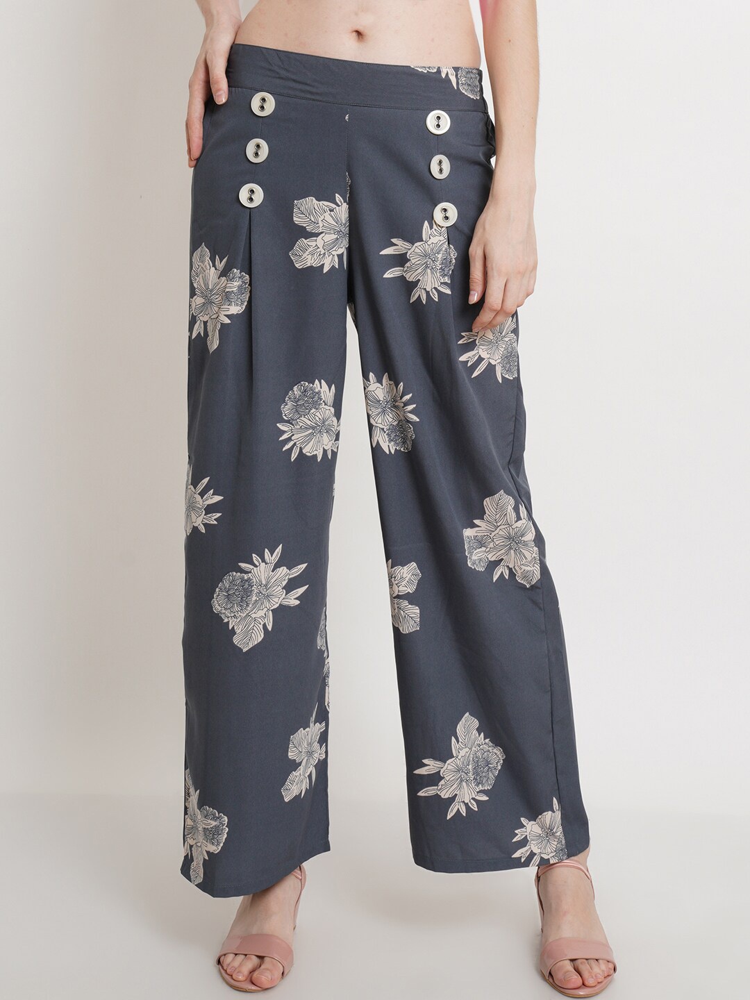 

Popwings Women Grey & White Floral Printed Knitted Palazzos