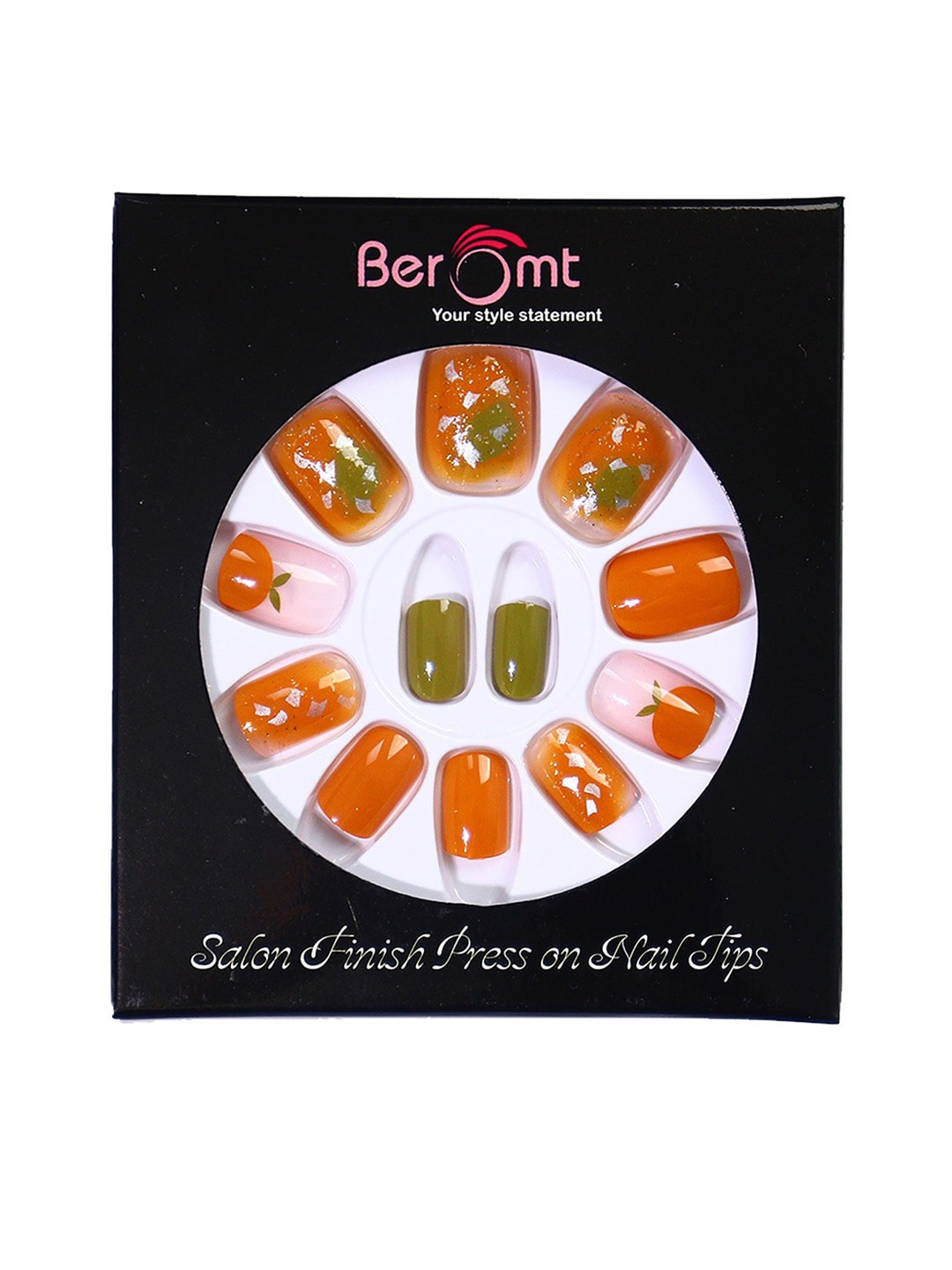 

BEROMT 12 Pcs Long-Lasting Casual Salon Finish Press On Nails - Shade 668, Orange