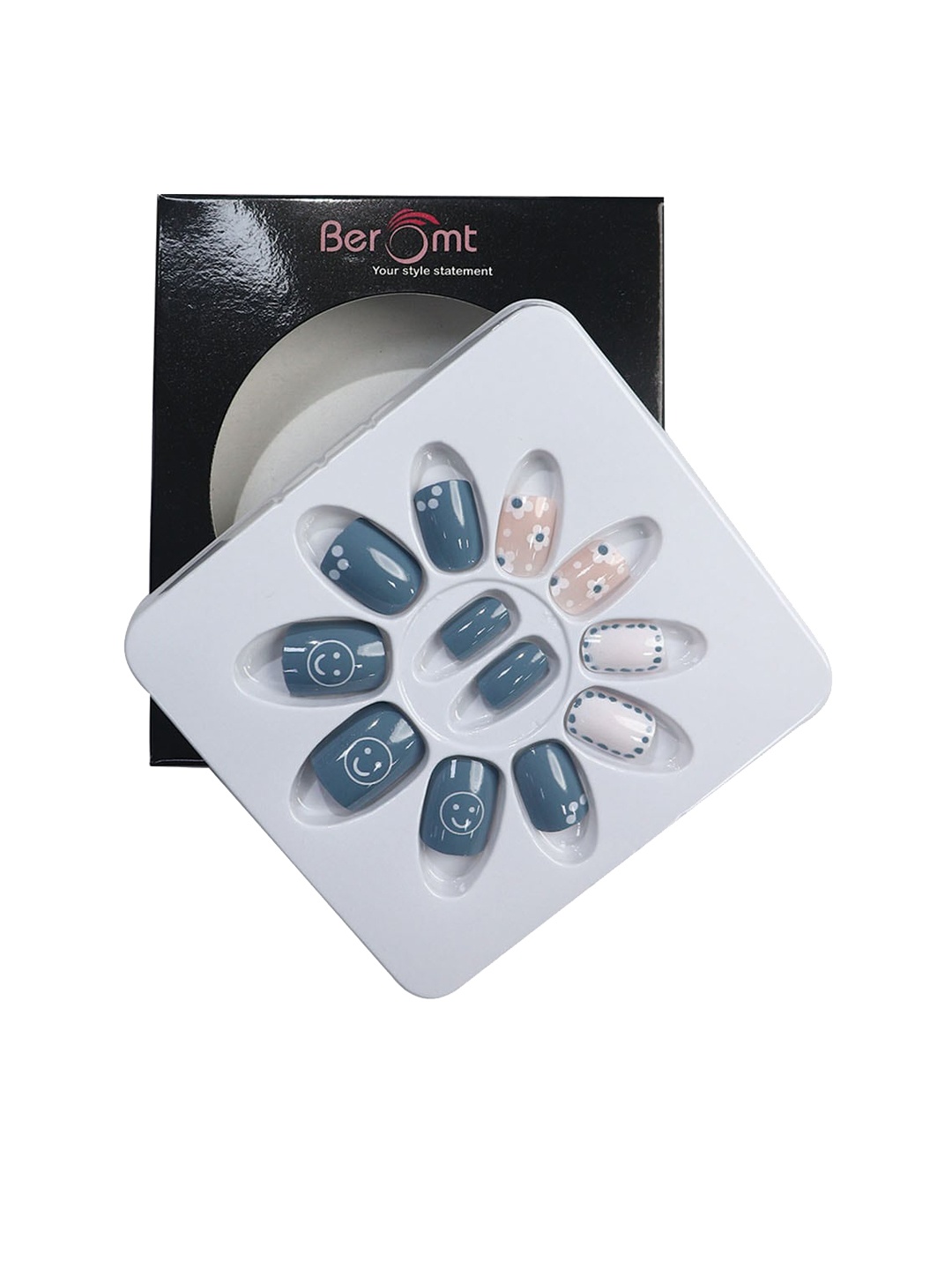 

BEROMT 12 Pcs Long-Lasting Casual Salon Finish Press On Nails - Shade 738, Blue